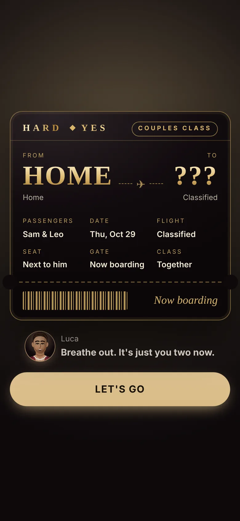 A Couples class boarding pass from Home to a secret destination.